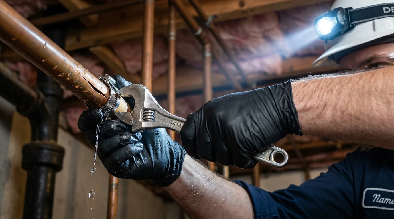 Emergency pipe clamp repair being performed by a Johns Plumbing LLC plumber in Thomasville
