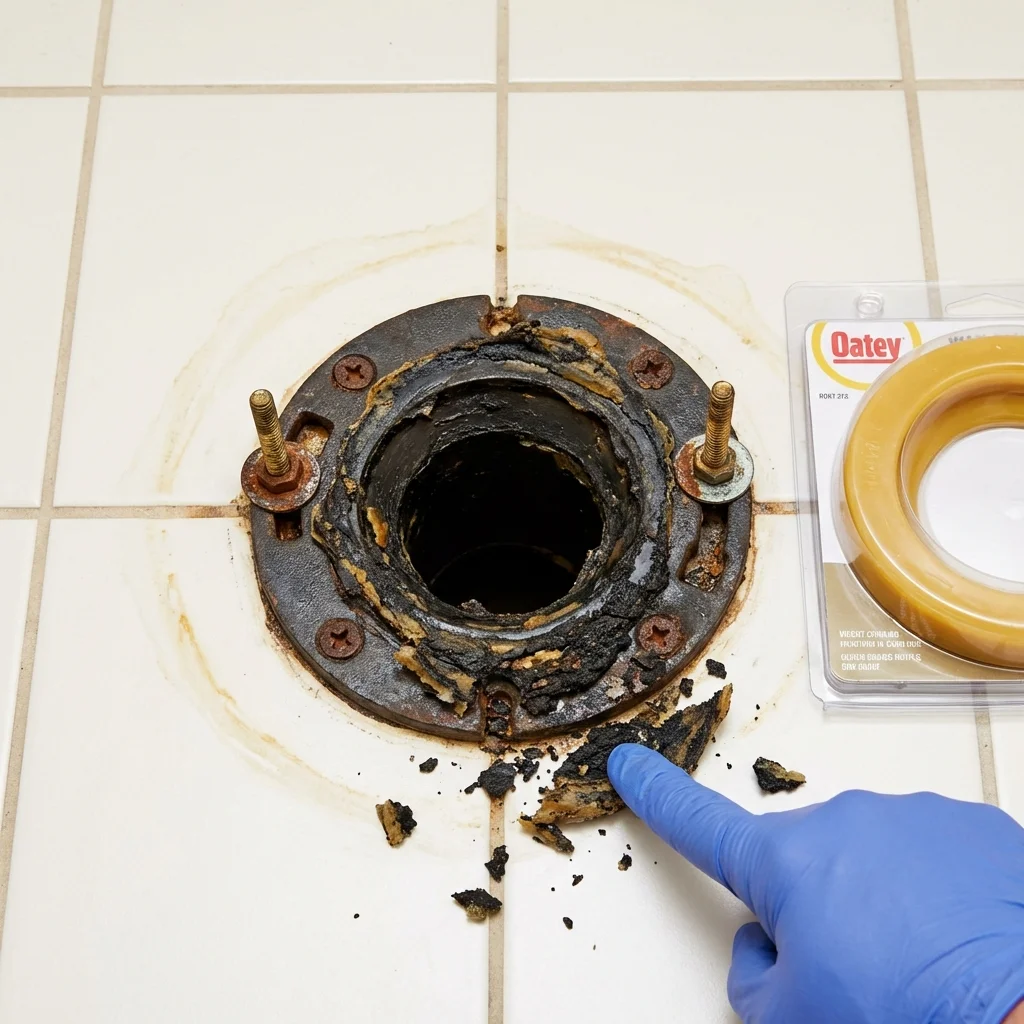 Failed wax ring showing water seepage at the base of a toilet in a Thomasville, NC home